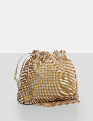 The Claudette Gold Diamante Draw String Crossbody Bag