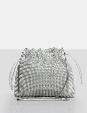 The Claudette Silver Diamante Draw String Crossbody Bag