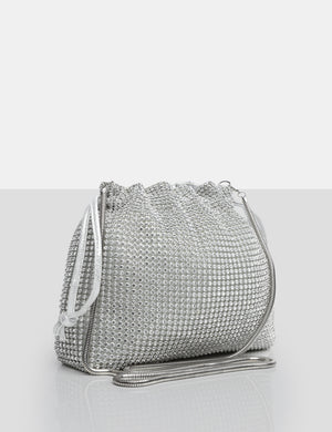 The Claudette Silver Diamante Draw String Crossbody Bag