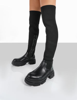 Bali Black Knit Chunky Sole Over the Knee High Boots
