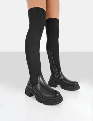 Bali Black Knit Chunky Sole Over the Knee High Boots