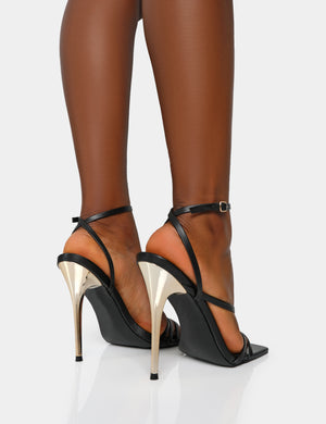 Fillipa Wide Fit Black Pu Strappy Square Toe Metal Stiletto Heels
