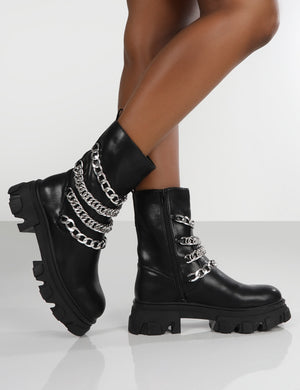 Restrain Black Pu Chain Detail Platform Chunky Sole Ankle Boot