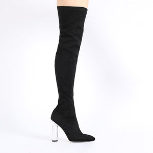 Dominique Long Boots in Black Faux Suede With Clear Perspex Heel