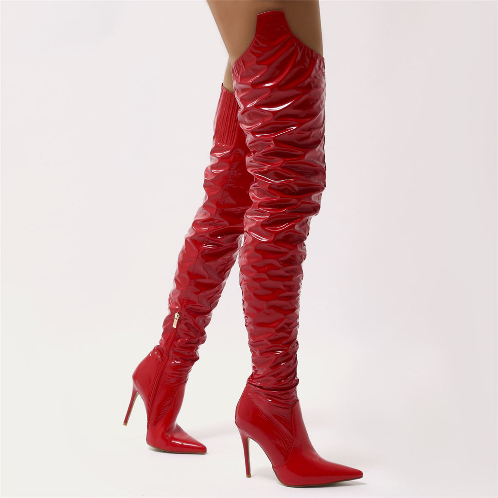 Houdini Extreme Thigh High Vinyl Boots in Red Patent Public Desire
