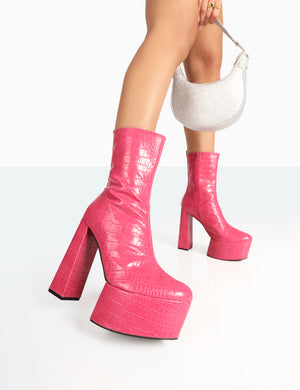 Parker Pink Patent Croc Platform Pointed Toe Block Heeled Ankle Boots