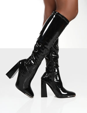 Caryn Black Patent Wide Fit Knee High Block Heeled Boots