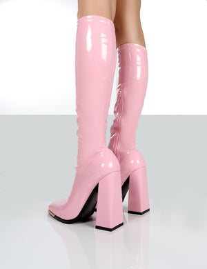 Caryn Pink Patent Knee High Heeled Boots