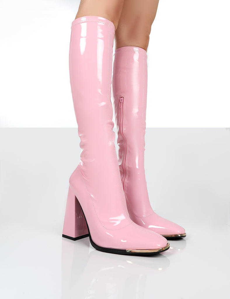 Caryn Pink Patent Knee High Heeled Boots Public Desire