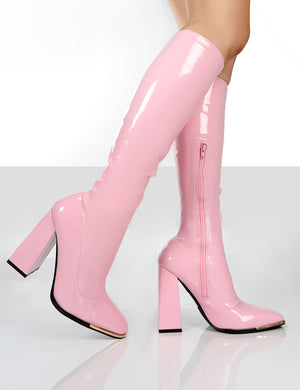 Caryn Pink Patent Knee High Heeled Boots