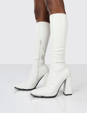 Caryn White PU Block Heeled Knee High Boots