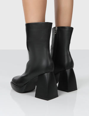Clover Black Pu Platform Chunky Heel Ankle Boots