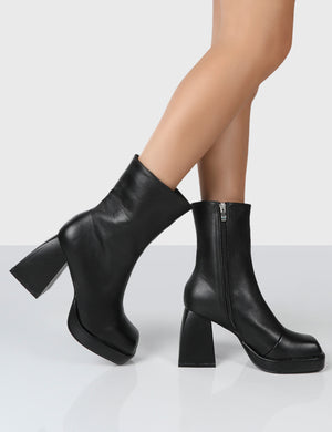 Clover Black Pu Platform Chunky Heel Ankle Boots