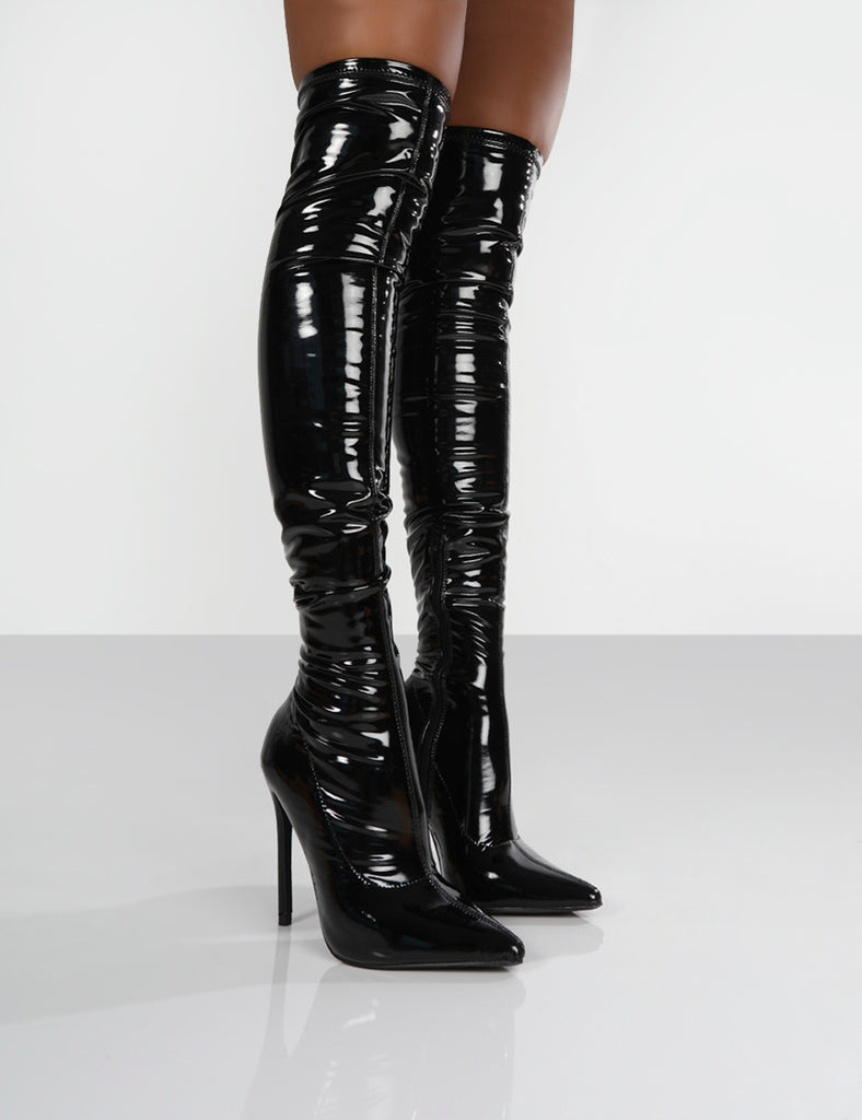 Confidence Black Patent Heeled Over The Knee PU Boot | Public Desire