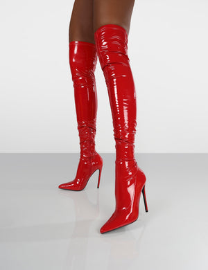 Confidence Red Patent Stiletto Heeled Over The Knee PU Boots
