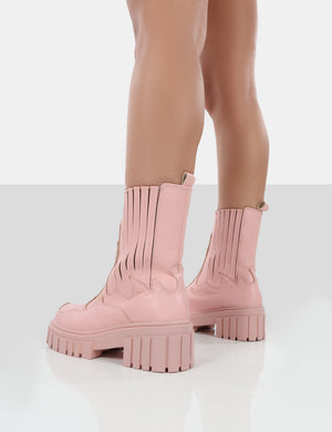 Consequence Pink Drench Stitched Detail Platform Chunky Sole Ankle Boots