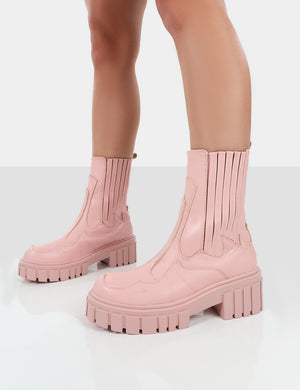 Consequence Pink Drench Stitched Detail Platform Chunky Sole Ankle Boots