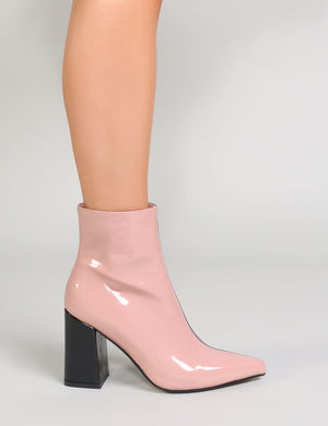 Chaos Two-Tone Pointed Toe Ankle Boots in Black and Pink Patent