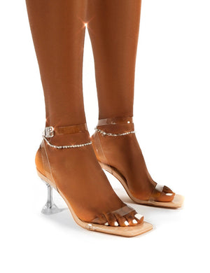 April Nude Clear Perspex Diamante Ankle Chain Square Toe Heels