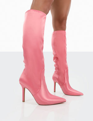 Best Believe Pink Satin Pointed Toe Stiletto Heeled Knee High Boots