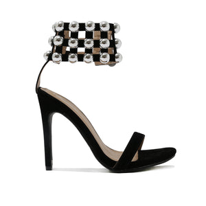 Edge Dome Stud Caged Cuff Stiletto Heels in Black Faux Suede