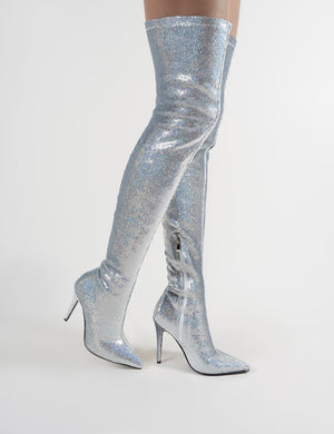 Silver glitter knee best sale high boots