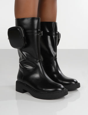 Evoke Black Pocket Detail Chunky Sole Calf Height Boot