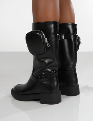 Evoke Black Pocket Detail Chunky Sole Calf Height Boot