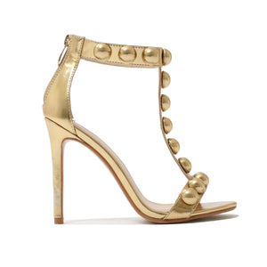 Faded T-bar Dome Stud Stiletto Heels in Gold