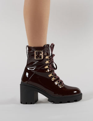 Swag Lace Up Ankle Boots in Burgundy Patent