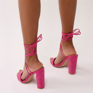 Suzu Strappy Block Heels in Pink Faux Suede