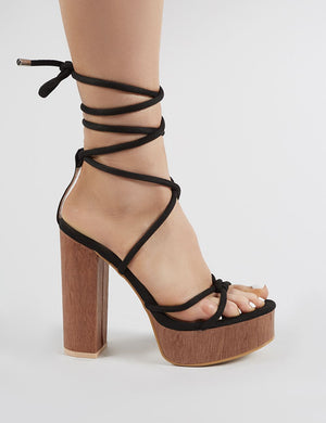 Strut Lace Up Block Heels in Black Faux Suede