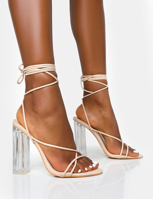 Clara Nude Pu Strappy Lace Up Round Toe Clear Perspex Heels