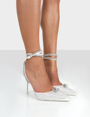 Glisten White Diamante Sparkly Wrap Around Pointed Toe Court Heels