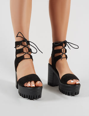 Hailey Lace Up Chunky Heels in Black Faux Suede