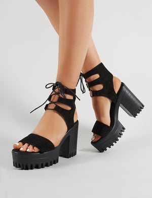 Hailey Lace Up Chunky Heels in Black Faux Suede