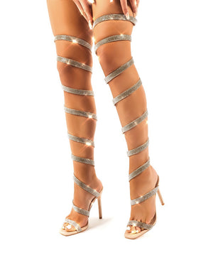 Stunner Diamante Nude Thigh High Spiral Wrap Around Stiletto High Heels