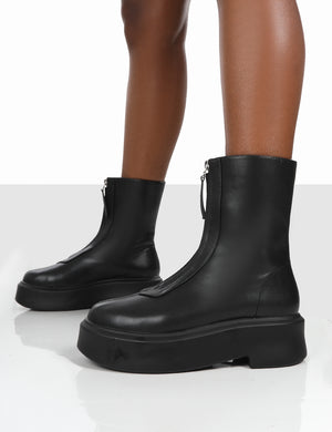 Indigo Black PU Platform Chunky Sole Zip Through Ankle Boot