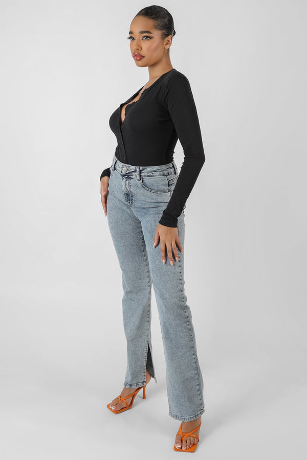 Front Button Long Sleeve Ribbed Bodysuit Black