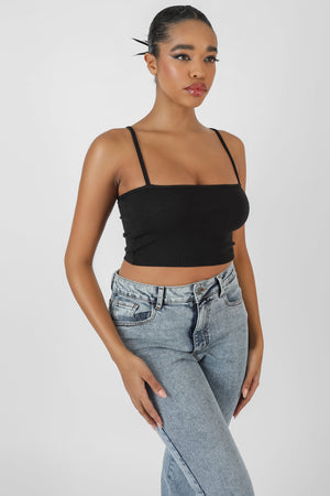 Square Neck Ribbed Cropped Top Black