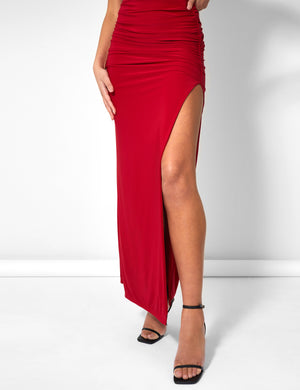 Cowl Neck Extreme Split Slinky Maxi Dress Red