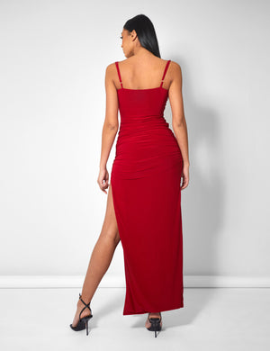 Cowl Neck Extreme Split Slinky Maxi Dress Red