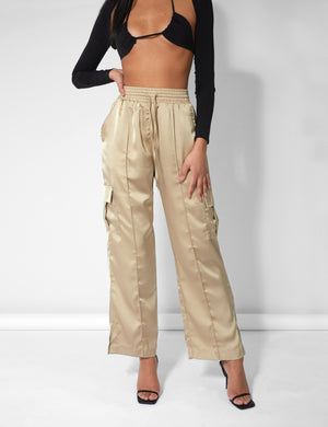 Split Hem Satin Elasticated Waist Wide Leg Cargo Trousers Champagne