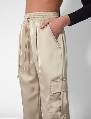 Split Hem Satin Elasticated Waist Wide Leg Cargo Trousers Champagne