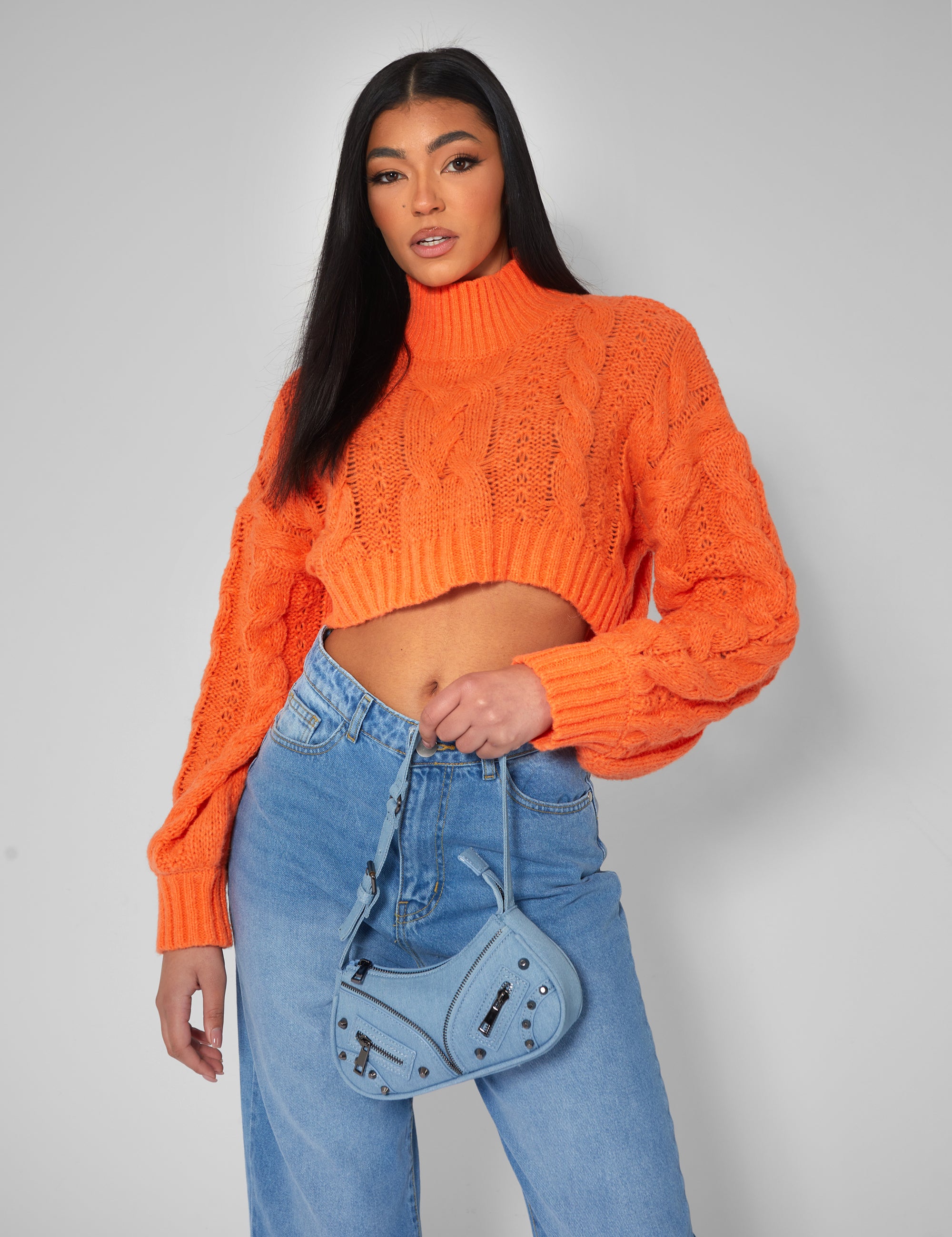 Roll Neck Cropped Cable Knitted Jumper Orange | Public Desire