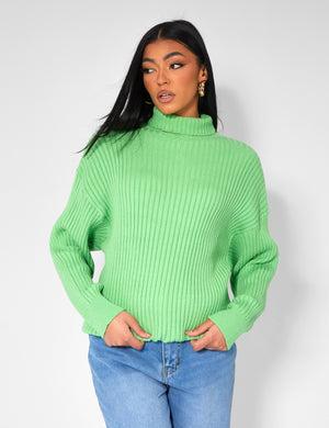 High Neck Constrast Stitch Ribbed Knitted Oversized Jumper Green