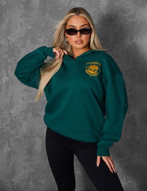 Sports Club Embroidered Badge Oversized Rugby Sweatshirt Forest Green