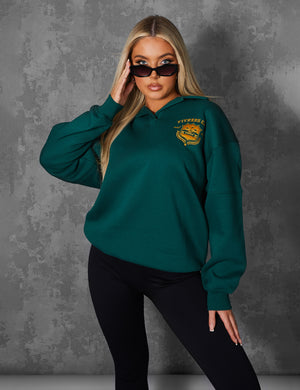 Sports Club Embroidered Badge Oversized Rugby Sweatshirt Forest Green