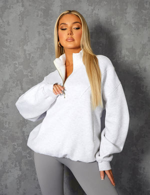 Oversized Half Zip Pullover Pocket Front Sweatshirt Oatmeal Marl
