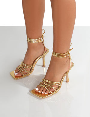 Keri Wide Fit Gold Metallic PU Strappy Lace Up Mid Heels